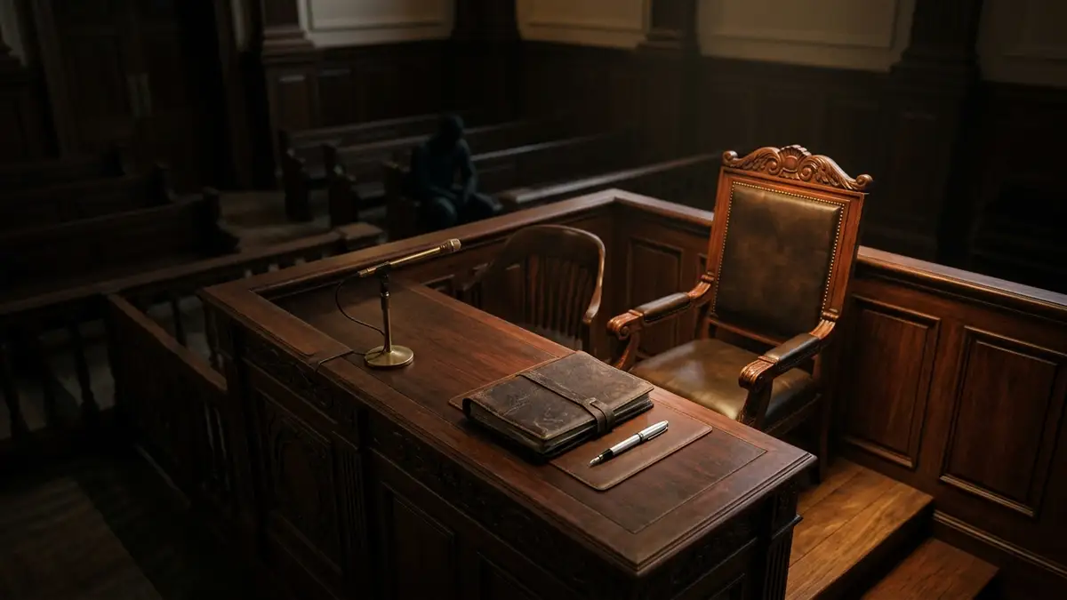 An empty wooden witness stand in a courtroom with a legal folder and pen.