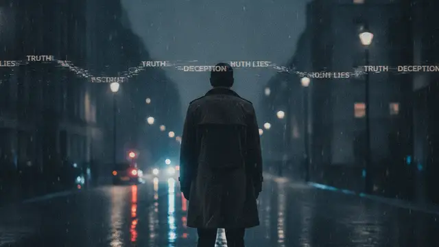Silhouetted figure on a wet London street at night, emergency lights reflecting.