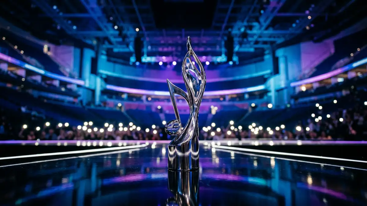 A music award trophy stands on a reflective surface against a blurred, lit-up arena background.