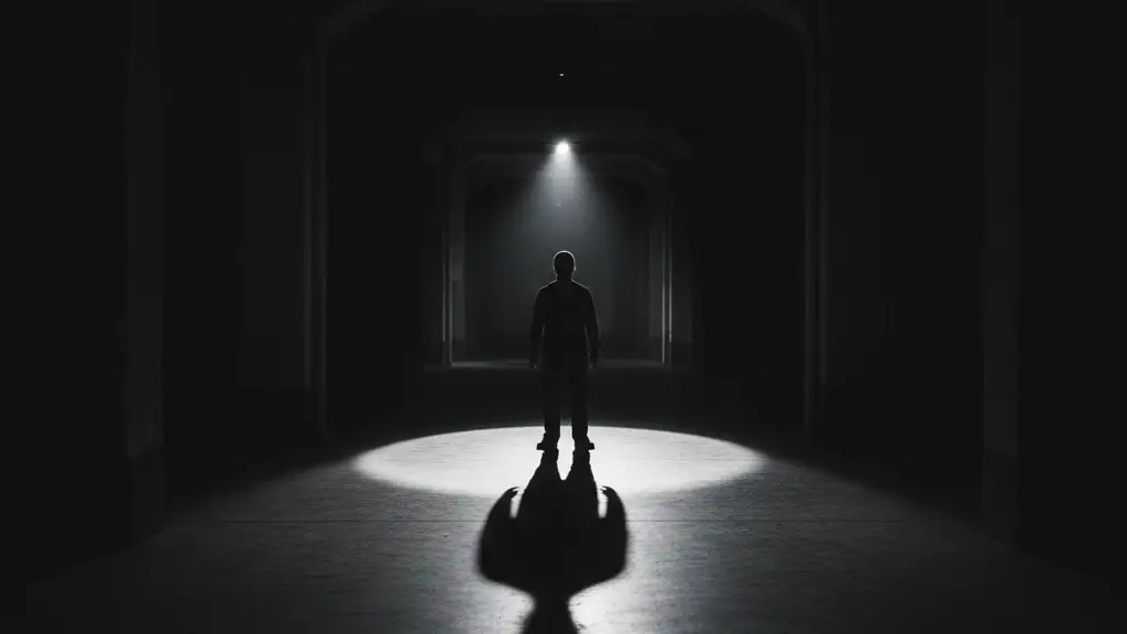 Silhouette of a person at the end of a dimly lit corridor.