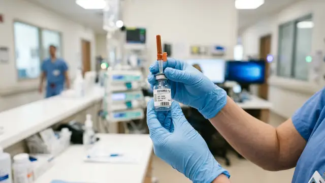 Gloved hands holding a medical vial, sterile hospital background.