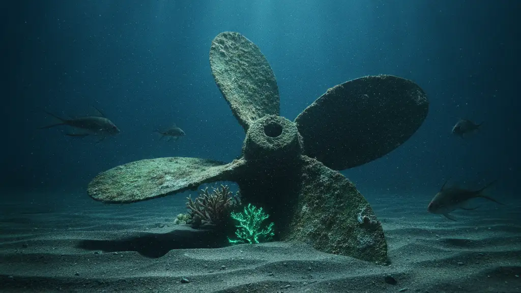 Barnacle-encrusted propeller blade from vintage aircraft on dark ocean floor.