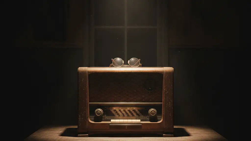 An antique radio with reading glasses on top, softly lit in a dark room.