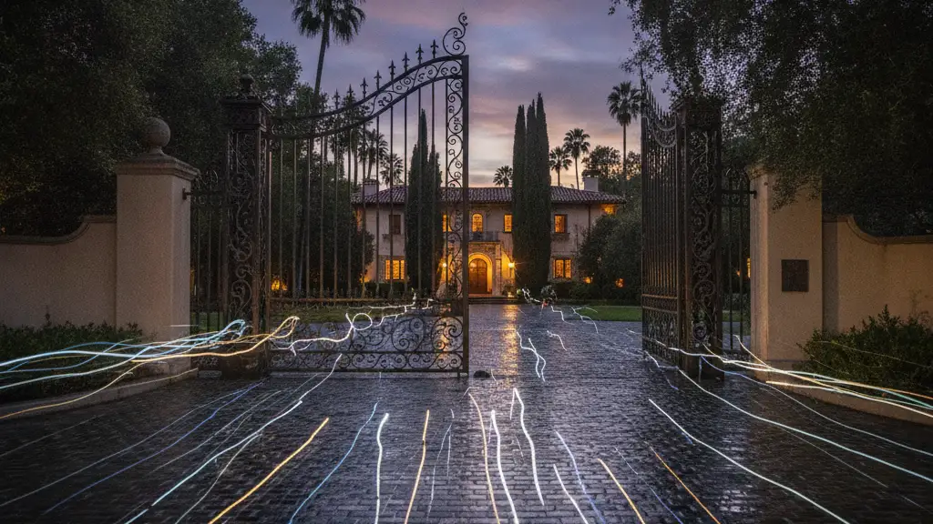 Ornate iron gate slightly open, revealing a mansion, with paparazzi flashes in foreground.
