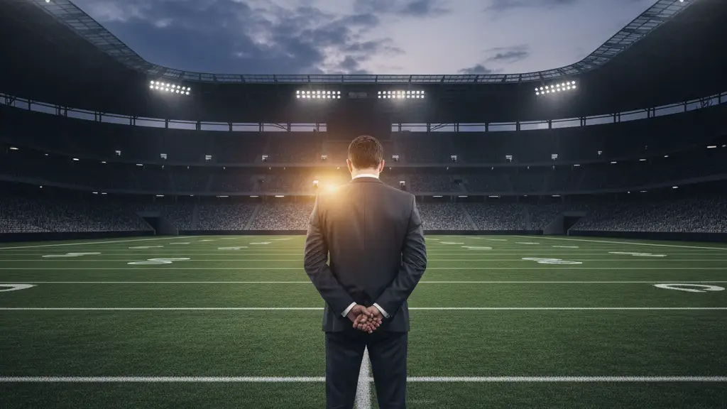 Figure in suit, back to camera, on empty football pitch at dusk.