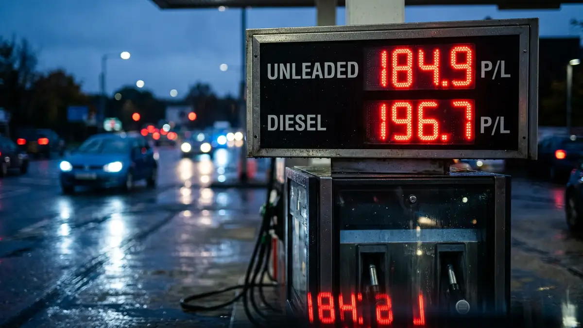Close-up of a digital petrol station sign showing high fuel prices at night.