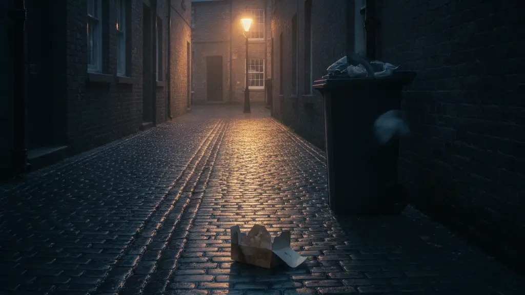 Dark, rain-slicked alleyway with discarded food, deep shadows implying unseen movement.