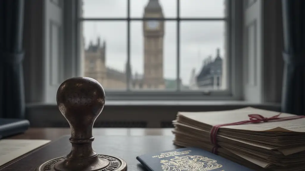 An official stamp and British passport on a desk with a blurred Parliament background.