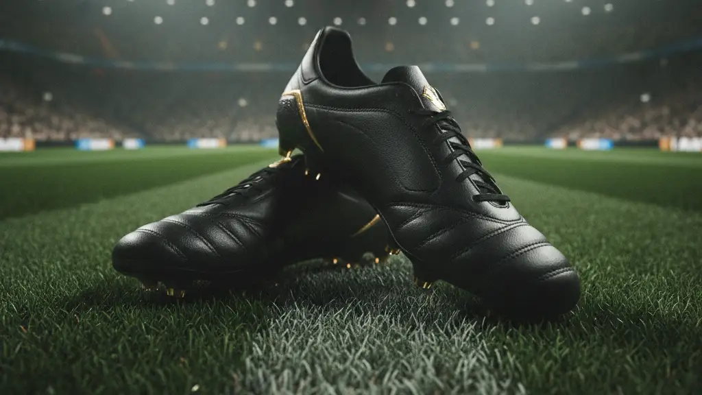 Expensive football boots on a pristine pitch under stadium lights, blurred stadium in background.