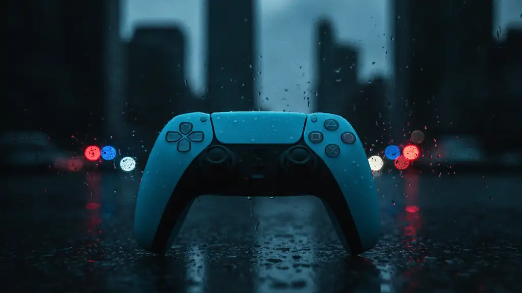 Glowing PlayStation controller reflecting on a wet surface, blurred city lights in background.