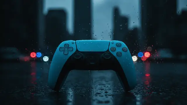 Glowing PlayStation controller reflecting on a wet surface, blurred city lights in background.