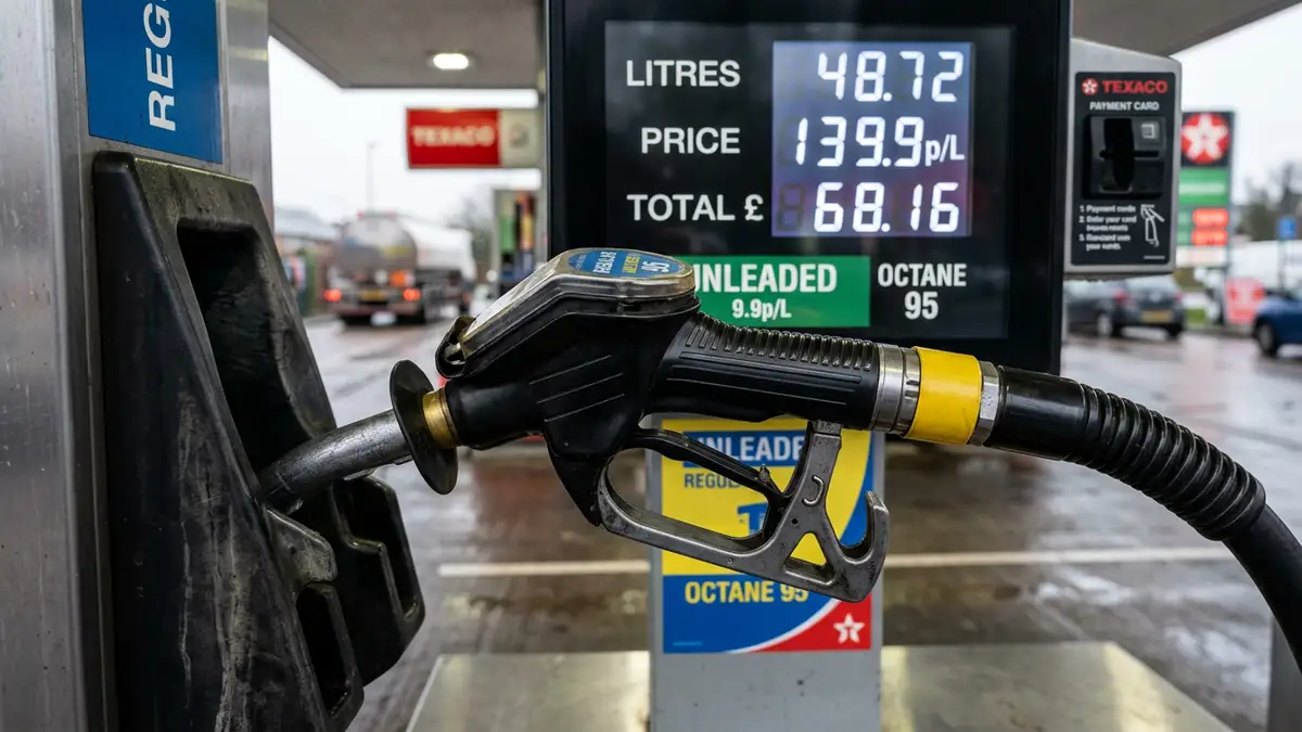 Close-up of a fuel pump nozzle at a petrol station with blurred price digits behind.