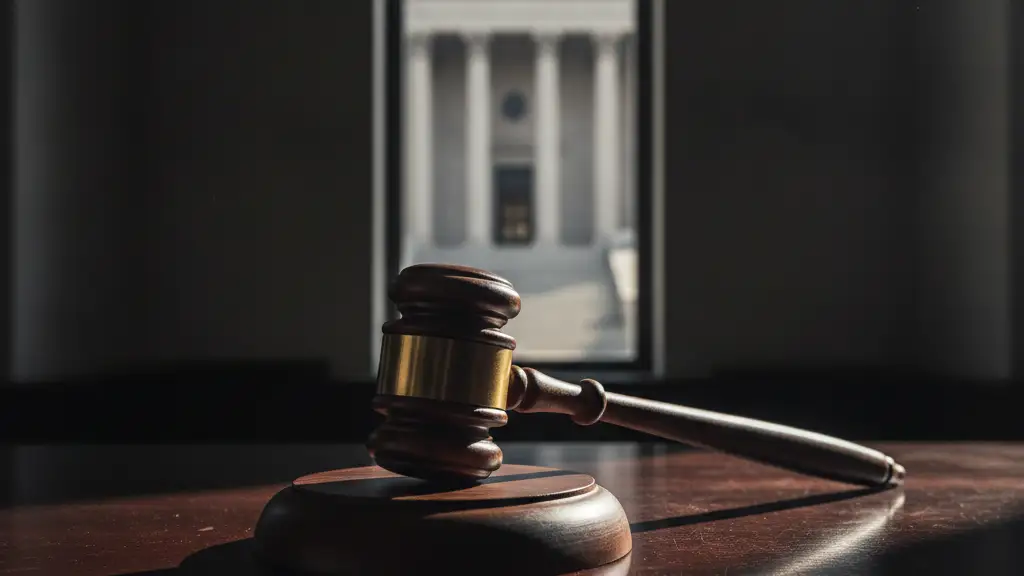 A heavy wooden gavel on a dark desk, courthouse steps blurred in background.