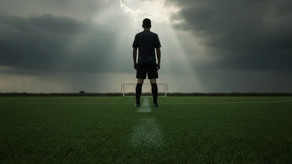 Silhouetted soccer player's back on a field, red card on grass.