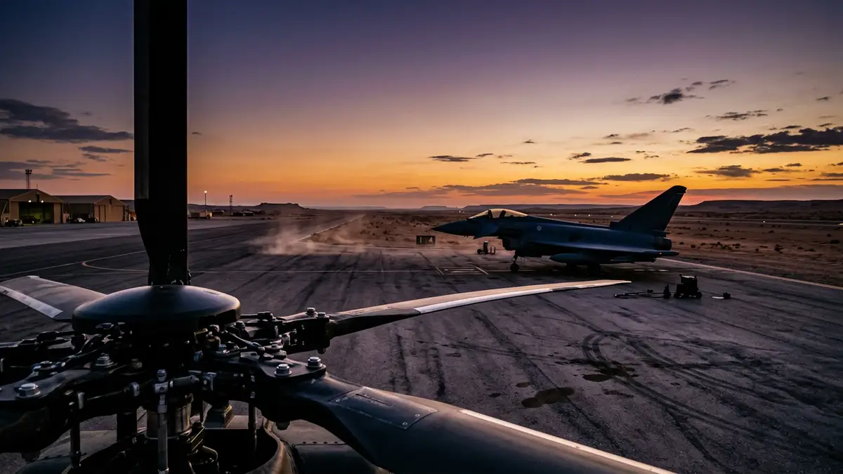A silhouette of a military jet on a desert runway under a twilight sky.
