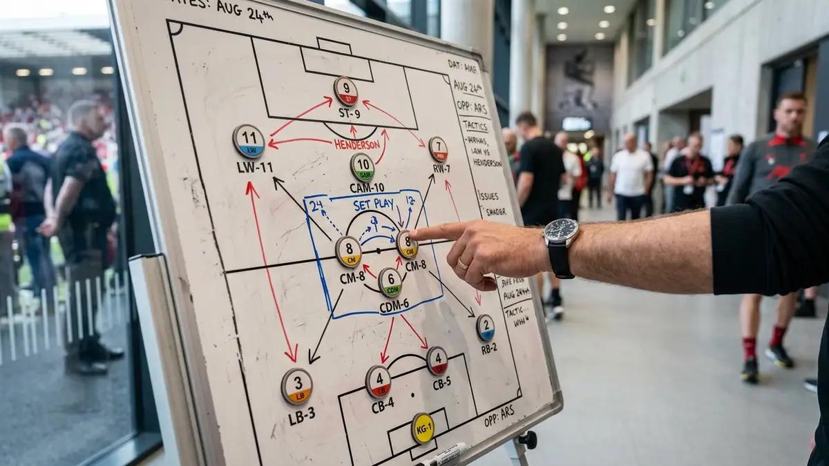 A hand points at a football tactical board with player magnets in a stadium.