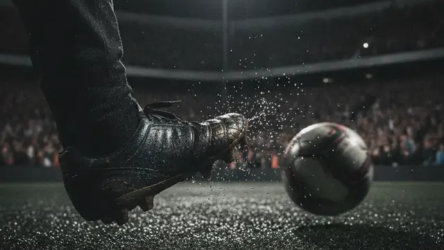 A football boot about to kick a ball on a wet, dimly lit pitch.