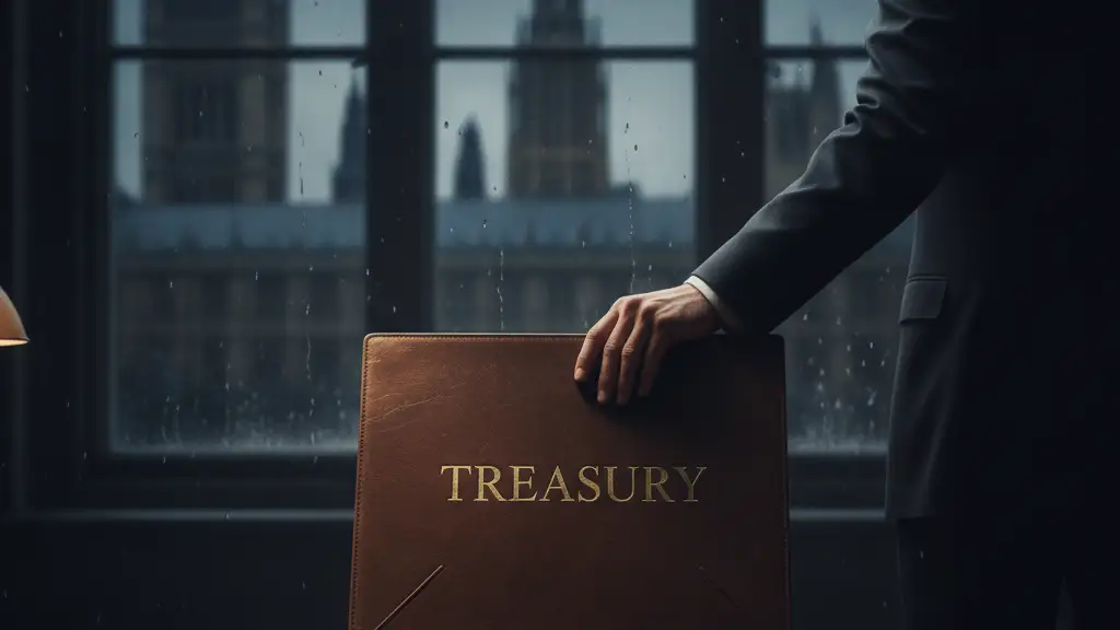 A thick folder labeled 'TREASURY' on a desk, a figure reaching for it.