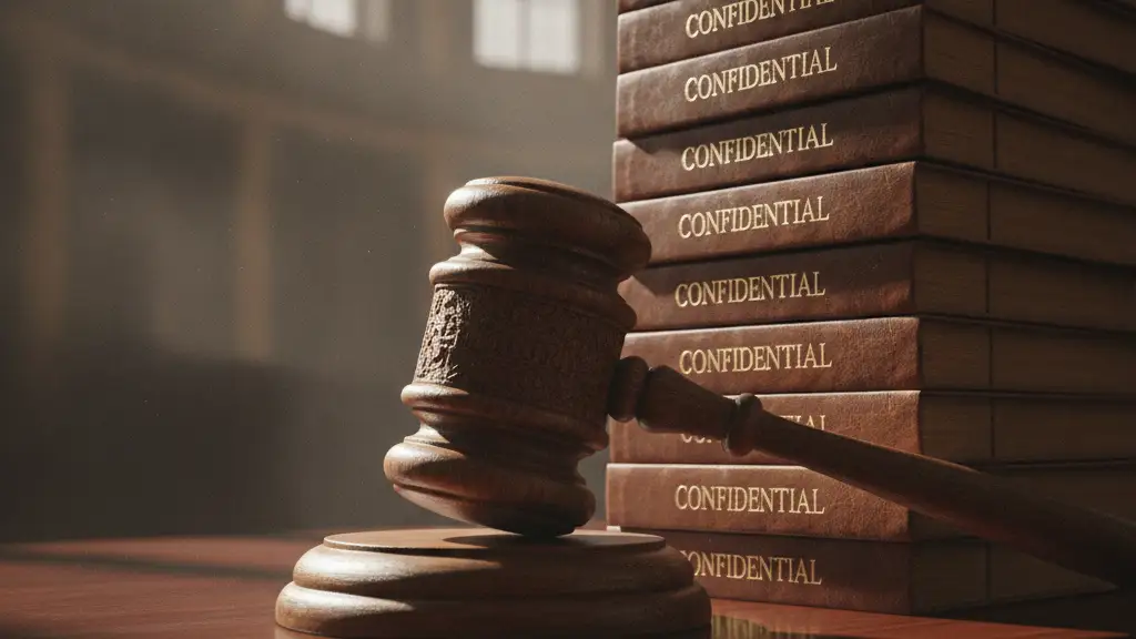 A heavy wooden gavel rests on a mahogany desk next to confidential folders.