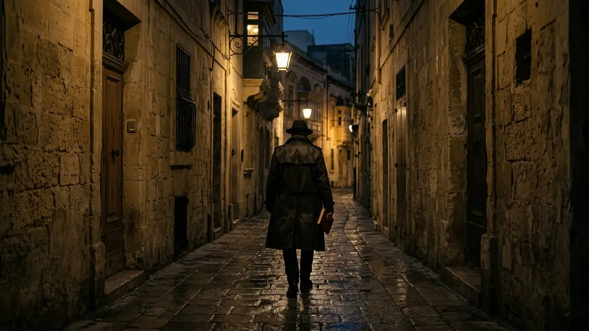 Shadowy figure in trench coat walking down a wet, narrow alleyway at dusk.