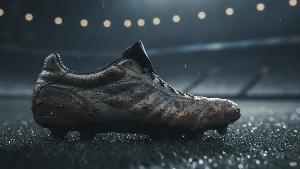 A muddy football boot on a wet pitch, blurred stadium lights in background.