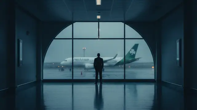 Silhouetted pilot stands in an empty airport terminal, looking at an Aer Lingus plane.