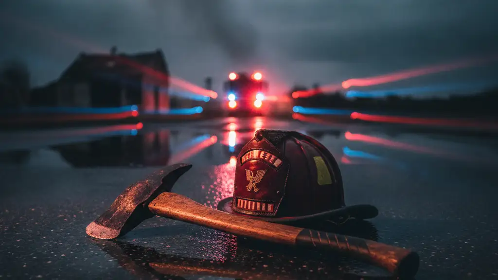 Firefighter's helmet and axe on wet tarmac, reflecting emergency lights.