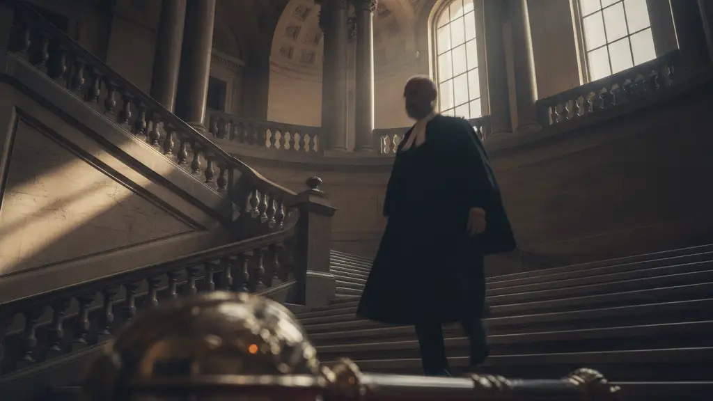 Silhouette ascending grand staircase in historic government building, dramatic lighting.