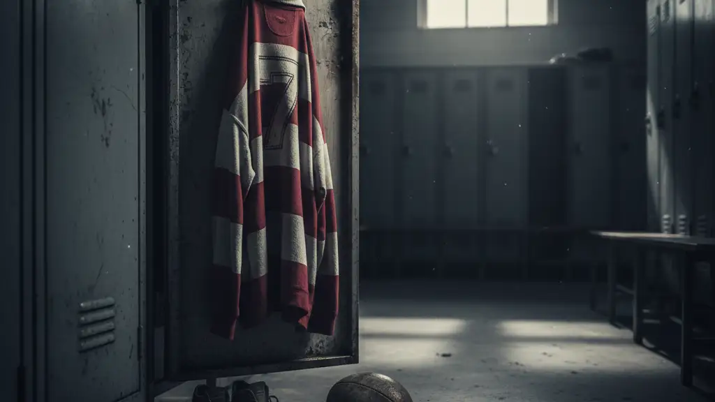 An empty, oversized rugby jersey hanging in a dark locker room.
