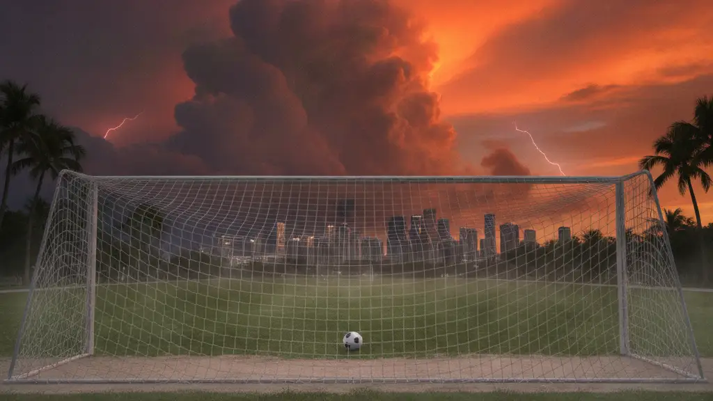 Soccer goal net with distant storm clouds over Miami skyline at dusk.