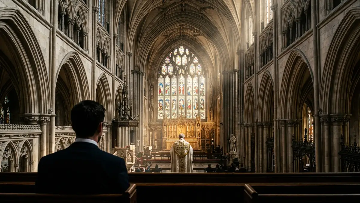 A silhouette of a man watching a clergyman in ornate robes inside a sunlit cathedral.