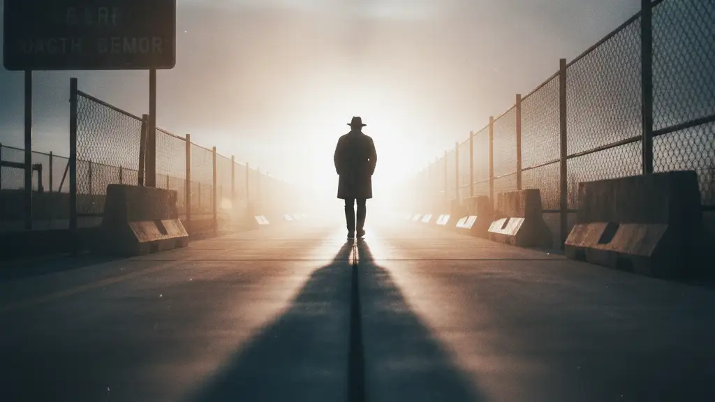 Silhouette of a man walking towards a bright light at a border checkpoint.