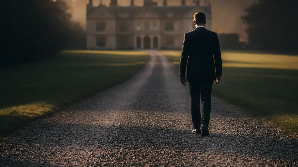 A man's silhouette walks towards a grand estate, back to the camera.