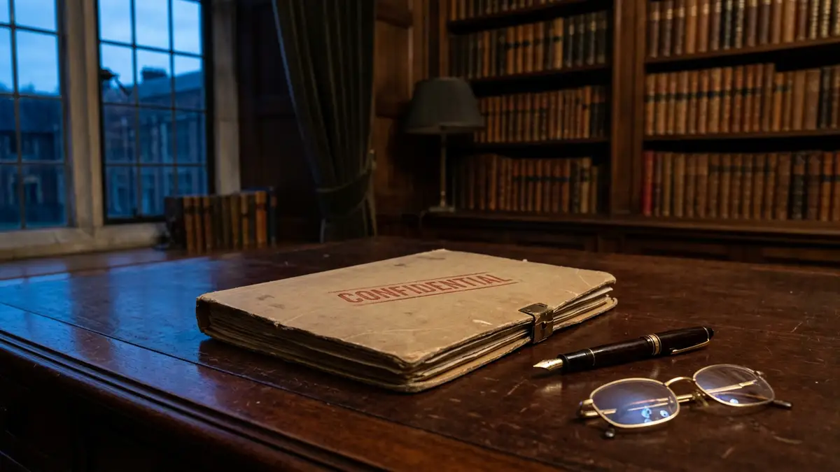 A closed confidential legal file and a fountain pen on a dark wooden desk.