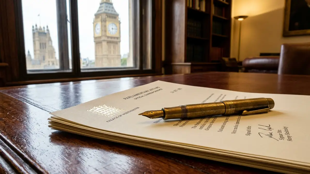 A fountain pen on official documents with the Big Ben tower visible through a window.