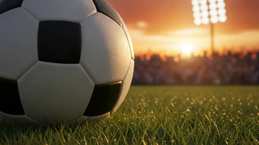 Soccer ball on grass with blurred stadium lights and crowd in background.