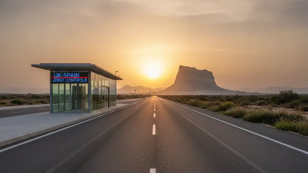 Open road where border fence once stood, Rock of Gibraltar in distance, sunrise.