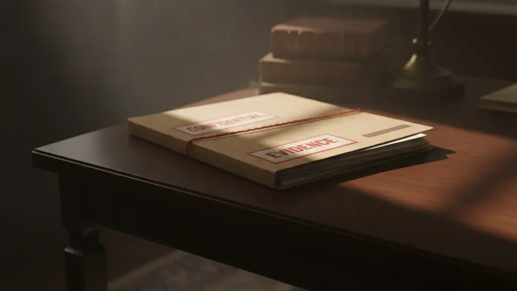 Confidential evidence folder on a dark desk, dramatically lit.