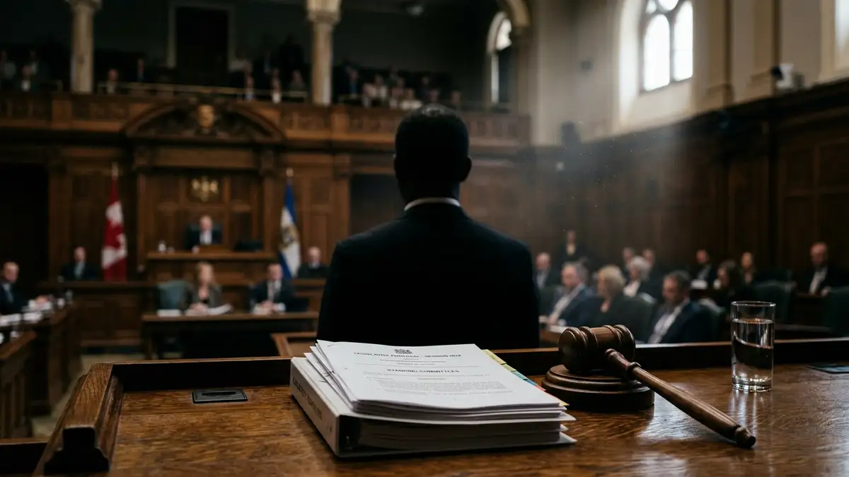 Silhouette of a man in a parliamentary chamber, documents and gavel on a desk.