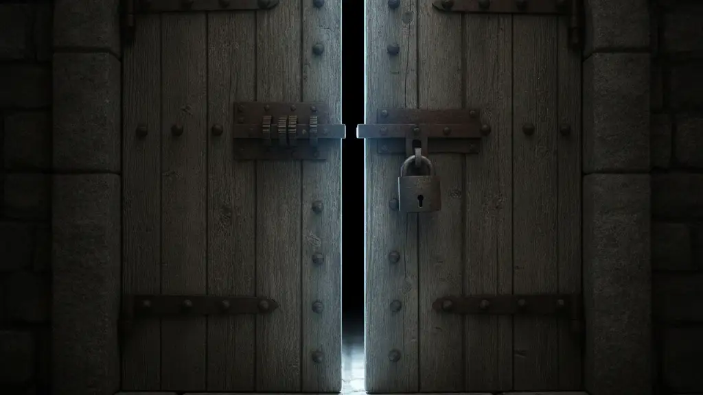 Heavily reinforced wooden door, slightly ajar, with a 'CONFIDENTIAL' document blurred in foreground.