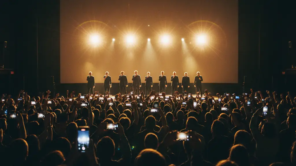 Silhouetted performers on a lit stage before a seated audience in a darkened theater.