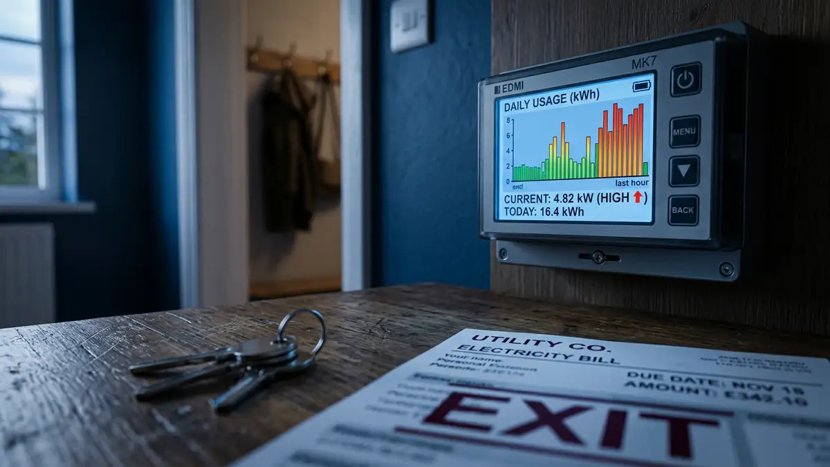A digital smart meter showing rising energy costs next to house keys and a bill.