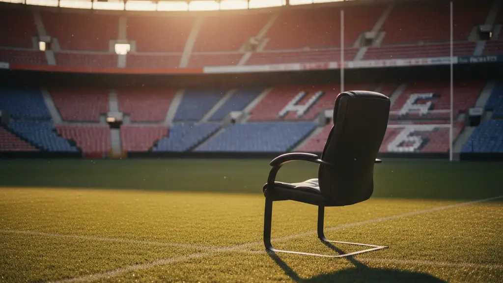 An empty manager's chair on a deserted football pitch under dramatic lighting.