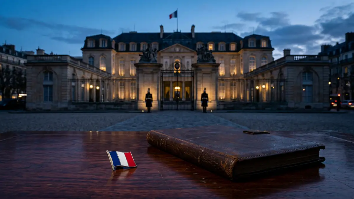 A French flag pin on a mahogany desk with the Élysée Palace blurred in background.