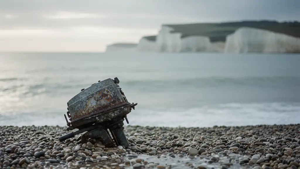 An abandoned boat engine sits on a grey pebble beach with cliffs in the distance.