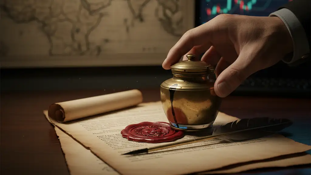Official document with a seal, an antique inkwell, and a blurred map in the background.
