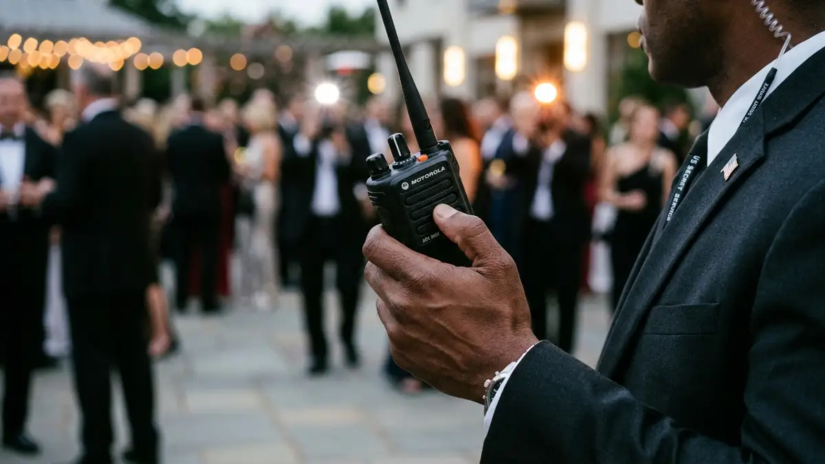 Secret Service agent's hand on a radio, blurred formal event in background, conveying security.