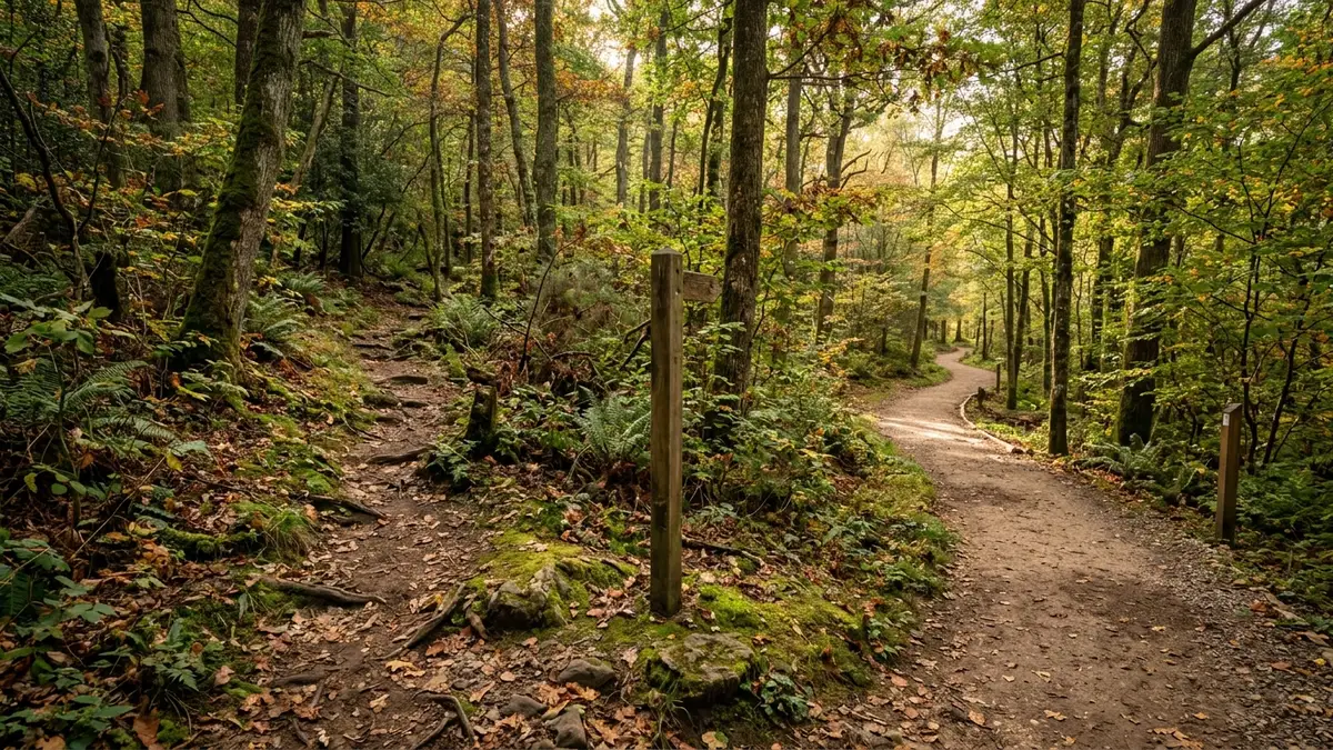 Two diverging paths in a sunlit forest, symbolizing independent life choices and future.