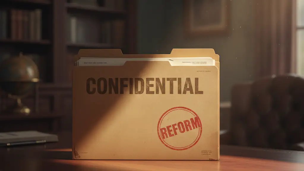 Confidential 'REFORM' file on a mahogany desk, dramatically lit.