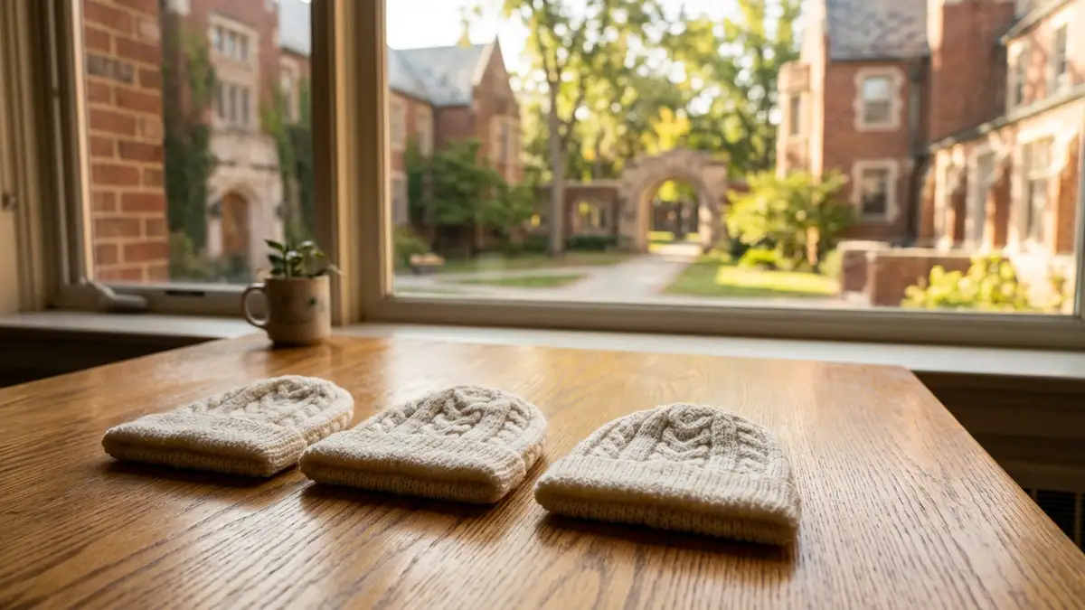 Three small knitted baby hats resting on a wooden table in front of a window.